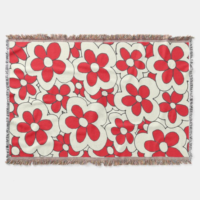 Hand Drawn Red and Cream Flower Design Throw Blanket (Front)