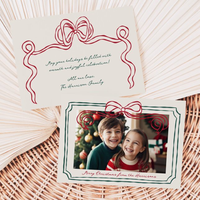 Hand Drawn Red and Green Bow Frame Holiday Card (Creator Uploaded)