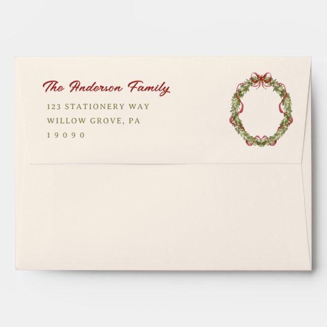 Hand Drawn Red And Green Bow Wreath Christmas Envelope (Back (Top Flap))