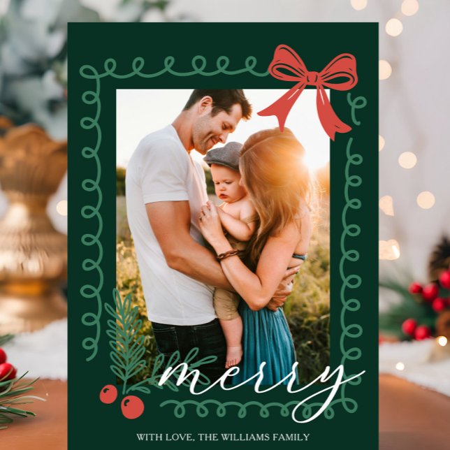 Hand Drawn Red and Green Merry Holiday Card (Red and green holiday card with hand drawn spiral border, holly, berries, bow, and “Merry” greeting.)