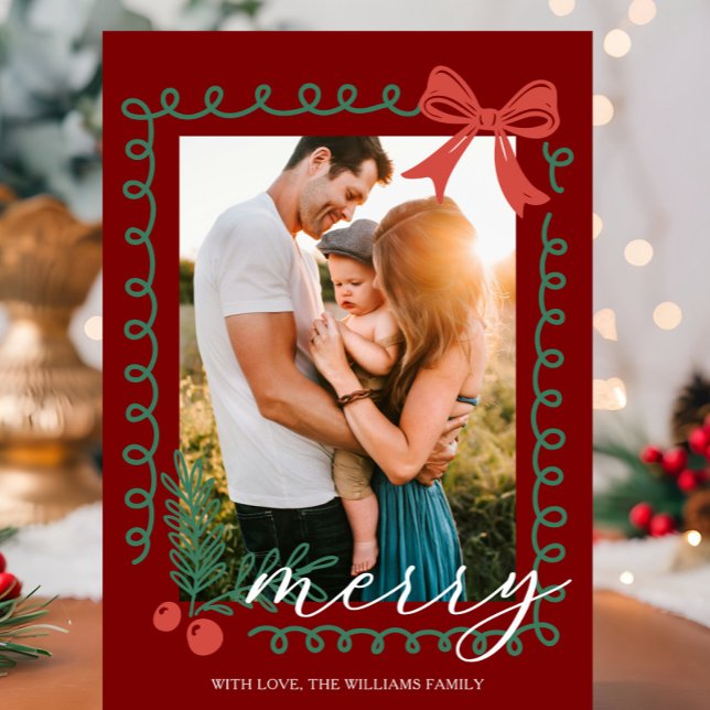 Hand Drawn Red and Green Merry Holiday Card (Red and green holiday card with hand drawn spiral border, holly, berries, bow, and “Merry” greeting.)