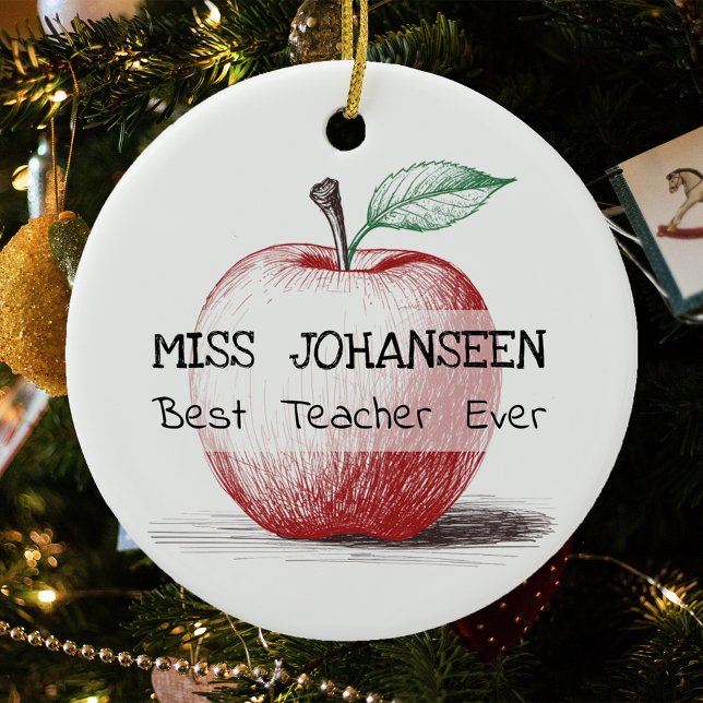Hand Drawn Red Apple Best Teacher Ever Keepsake Ceramic Ornament (Creator Uploaded)