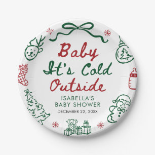 Hand Drawn Red Baby It's Cold Outside Baby Shower Paper Plate
