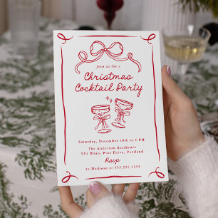 Hand-Drawn Red Bow Christmas Cocktail Party Invitation