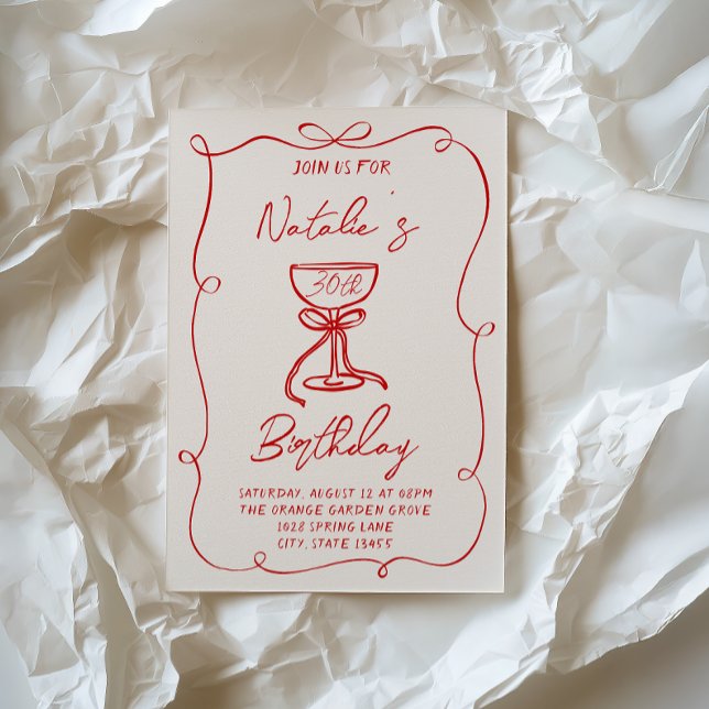 Hand Drawn Red Bow Martini 30th 50th 40th Birthday Invitation (Creator Uploaded)