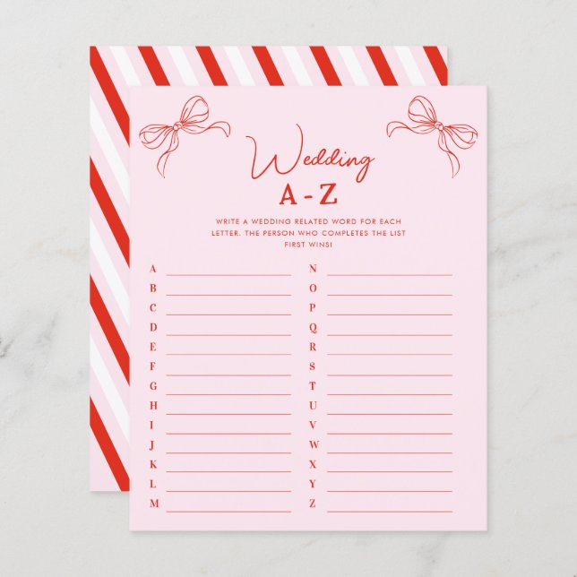Hand Drawn Red Bow Wedding A-Z Bridal Shower Game (Front/Back)