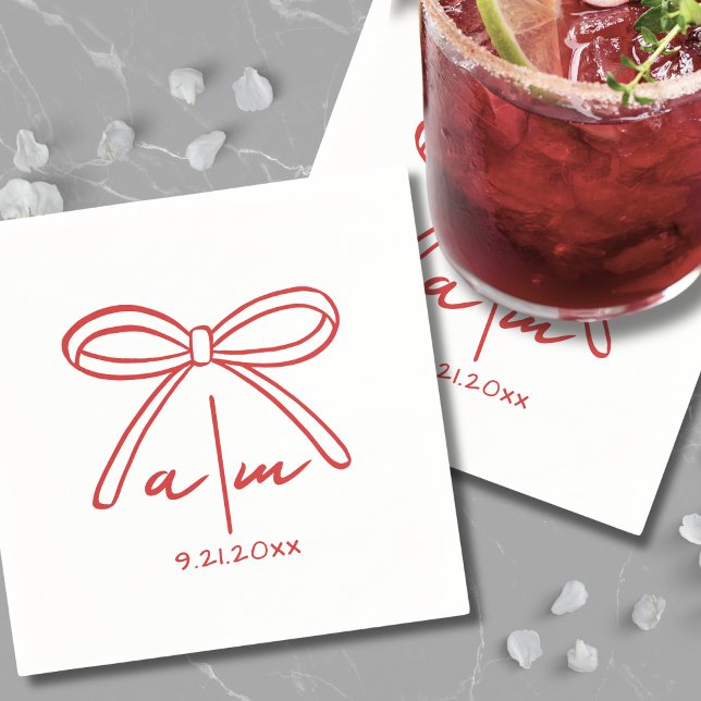 Hand Drawn Red Bow Wedding Monogram Napkins (Hand Drawn Red Bow Wedding Monogram Napkins)