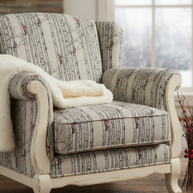 Hand Drawn Red Cardinals Perched on Birch Branches Fabric (Elegant Winter Forest Pattern Fabric in Natural Linen. Red Cardinal Birds in Birch Pine Trees.)