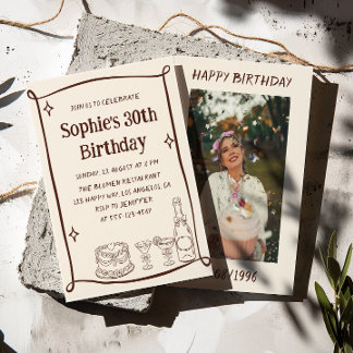 Hand Drawn Red & Cream 30TH Birthday Photo  Invitation