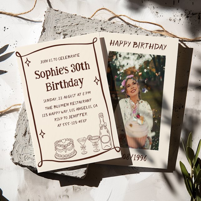 Hand Drawn Red & Cream 30TH Birthday Photo  Invitation (Creator Uploaded)