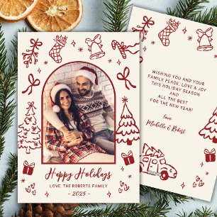 Hand-Drawn Red Doodle Arch Photo Christmas Happy Holiday Card