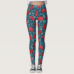 Hand drawn red flowers on blue background tank top leggings