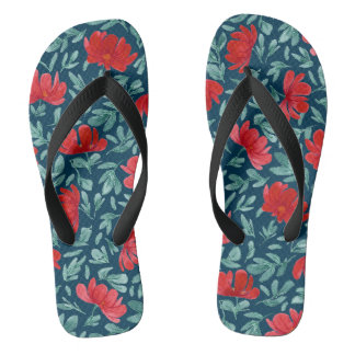 Hand drawn red flowers on blue background thongs