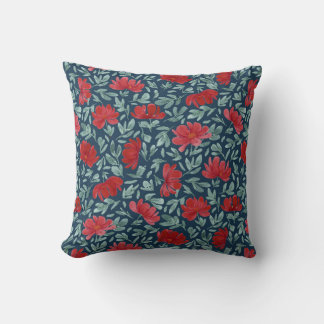 Hand drawn red flowers on navy background Cushion