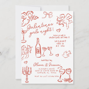 Hand Drawn Red Galentine's Girls Night Party Invitation