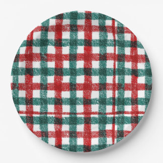 Hand Drawn Red & Green Christmas Plaid Pattern Paper Plate