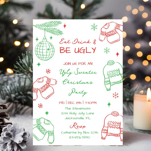 Hand Drawn Red Green Ugly Sweater Christmas Party Holiday Card (Creator Uploaded)