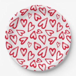 Hand Drawn Red Hearts Paper Plate