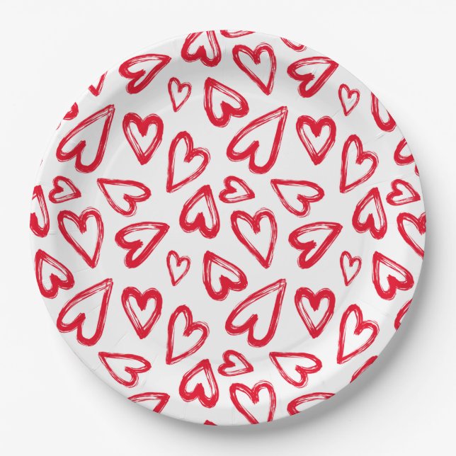 Hand Drawn Red Hearts Paper Plate (Front)