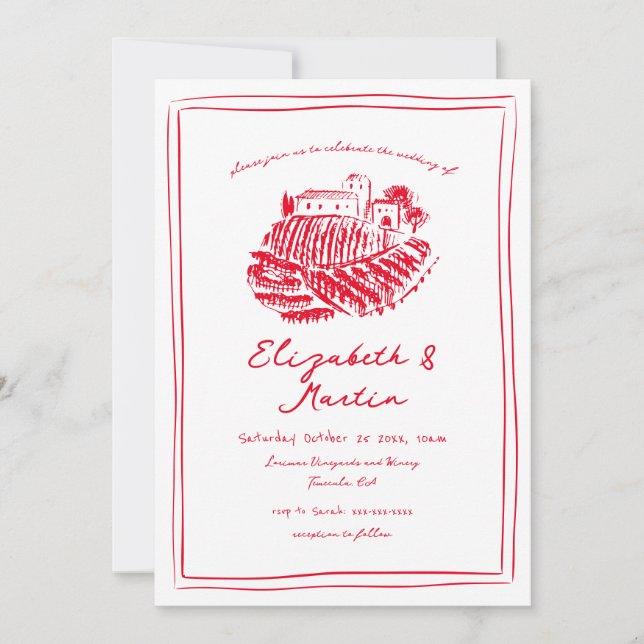 Hand Drawn Red Italian Vineyard Wedding Invitation (Front)