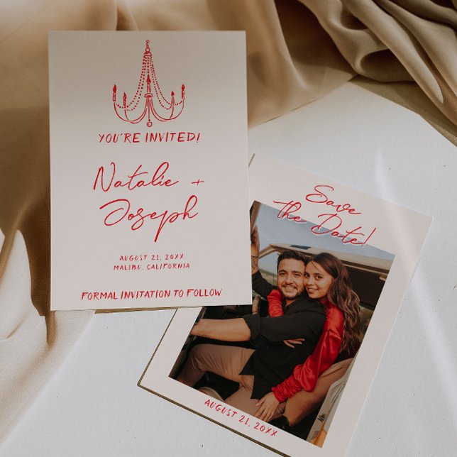 Hand Drawn Red Old Money Retro Photo Wedding Save The Date (Creator Uploaded)