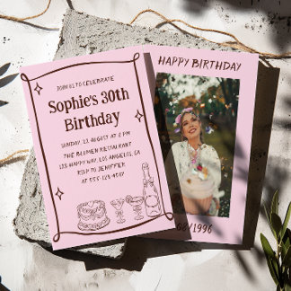 Hand Drawn Red & Pink 30TH Birthday Photo  Invitation