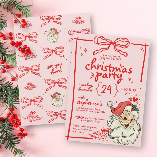 Hand Drawn Red Pink Bow Vintage Santa Christmas Invitation (Creator Uploaded)