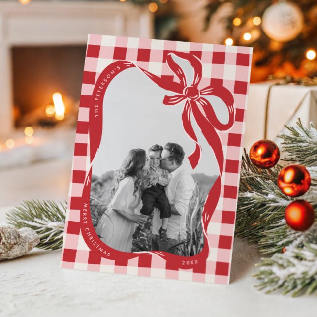Hand Drawn Red & Pink Family Photo Christmas Card (Creator Uploaded)