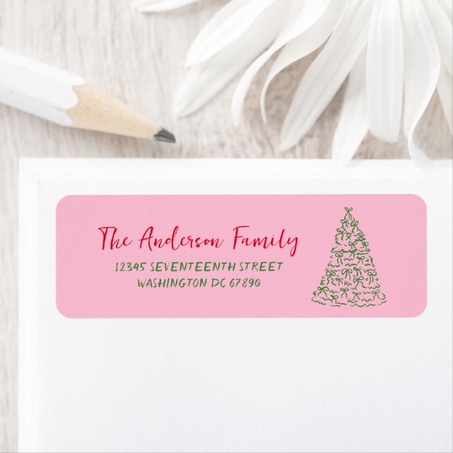Hand Drawn Red Pink Green Ribbons Tree Christmas Return Address Label (Insitu)