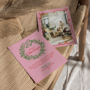 Hand Drawn Red Pink Green Wreath Photo Christmas Holiday Card