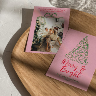 Hand Drawn Red Pink Ribbons Tree Photo Christmas Holiday Card