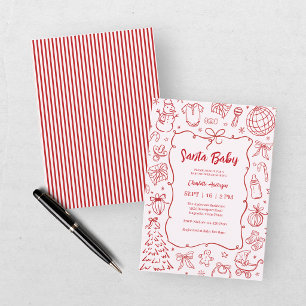Hand Drawn Red Pink Santa Baby Holiday Baby Shower Invitation