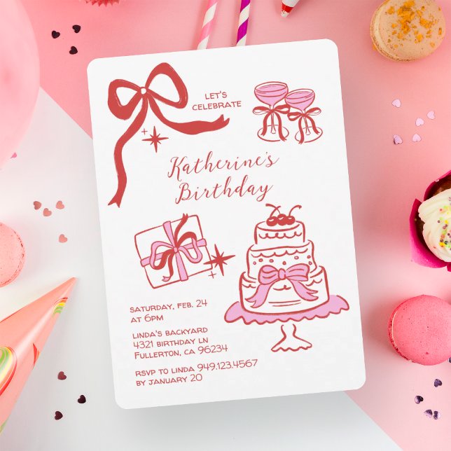 Hand Drawn Red Pink Scribble Birthday Party Invitation (Creator Uploaded)