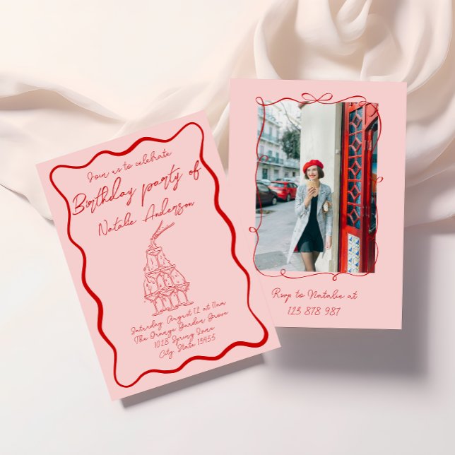 Hand Drawn Red Pink Wavy 70s Photo Birthday Party Invitation (Creator Uploaded)