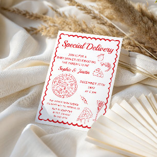 Hand Drawn Red Pizza Special Delivery Baby Shower Invitation