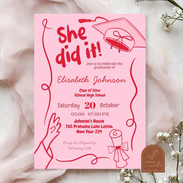 Hand Drawn Red She Did It Graduation Invitation (Creator Uploaded)