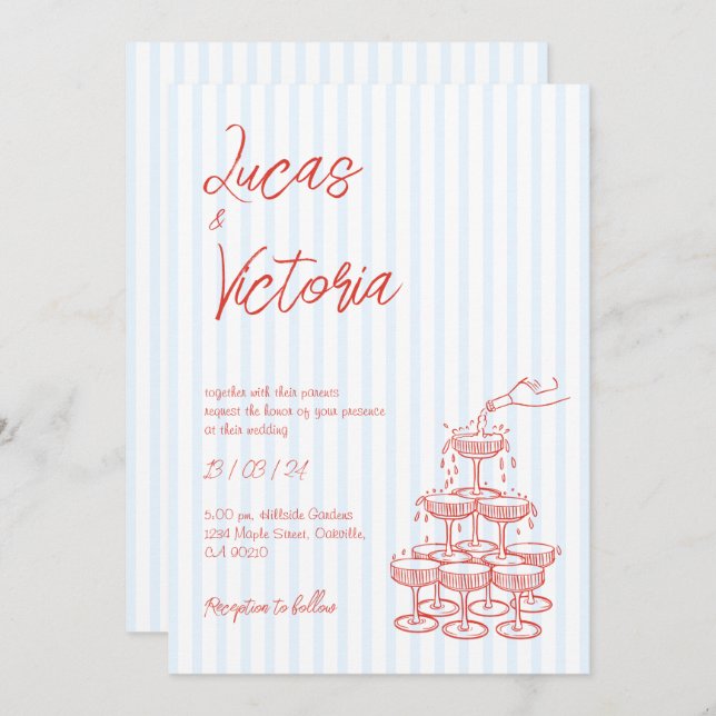 Hand Drawn Red Striped Whimsical Wedding Invitation (Front/Back)