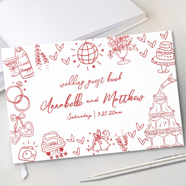 Hand Drawn Red Whimsical Wedding Guest Book (Hand Drawn Red Whimsical Wedding Guest Book)