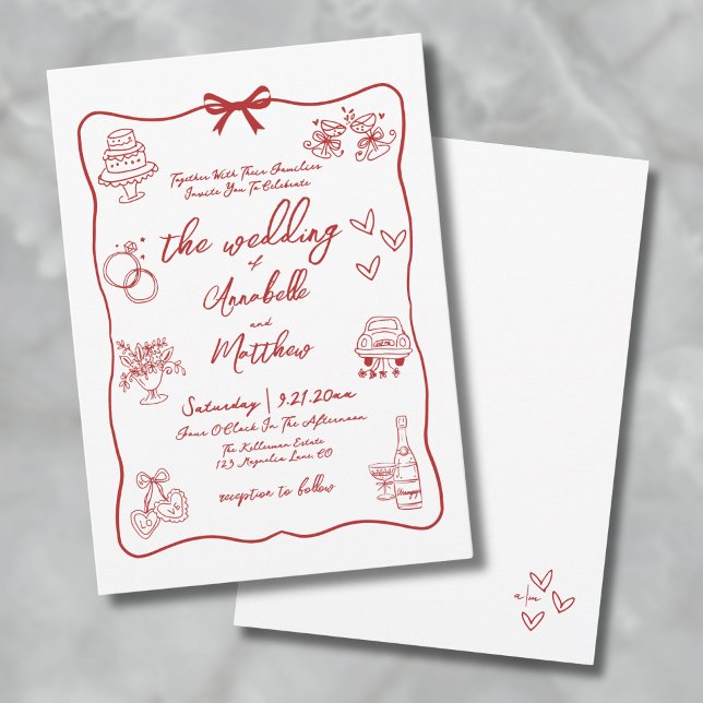 Hand Drawn Red Whimsical Wedding Invitation (Hand Drawn Red Whimsical Wedding Invitation)
