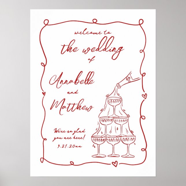 Hand Drawn Red Whimsical Wedding Welcome Sign (Front)