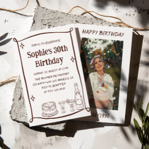 Hand Drawn Red & White 30TH Birthday Photo Invitation