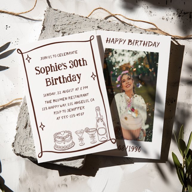 Hand Drawn Red & White 30TH Birthday Photo  Invitation (Creator Uploaded)