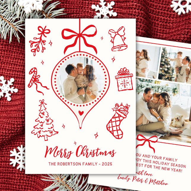 Hand-Drawn Red White Doodle Photo Merry Christmas Holiday Card (Creator Uploaded)