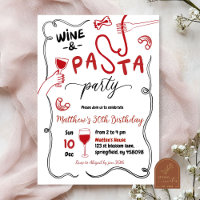 Hand Drawn Red Wine and Pasta Party Adult Birthday