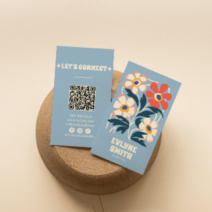 Hand Drawn Retro Blue QR Code Boho Floral Trendy Business Card