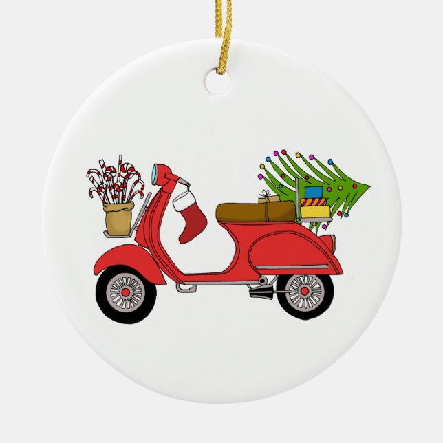 Hand drawn retro christmas scooter with gifts ceramic ornament (Front)