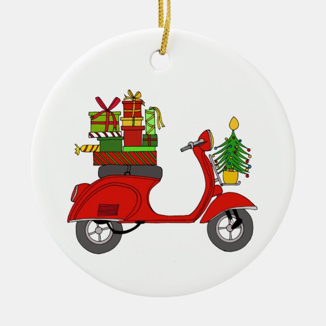 Hand drawn retro christmas scooter with gifts ceramic ornament (Front)