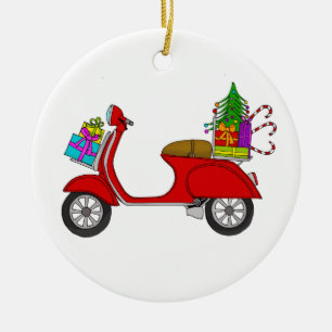 Hand drawn retro christmas scooter with gifts ceramic ornament