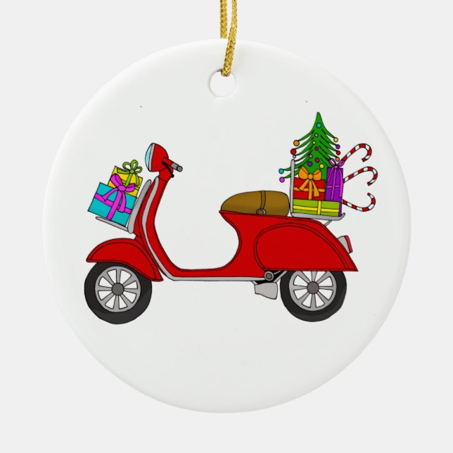 Hand drawn retro christmas scooter with gifts ceramic ornament (Front)