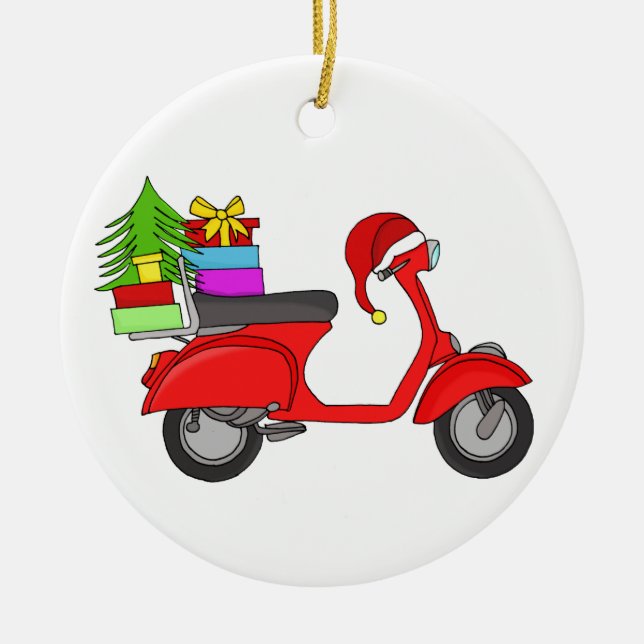 Hand drawn retro christmas scooter with gifts ceramic ornament (Front)